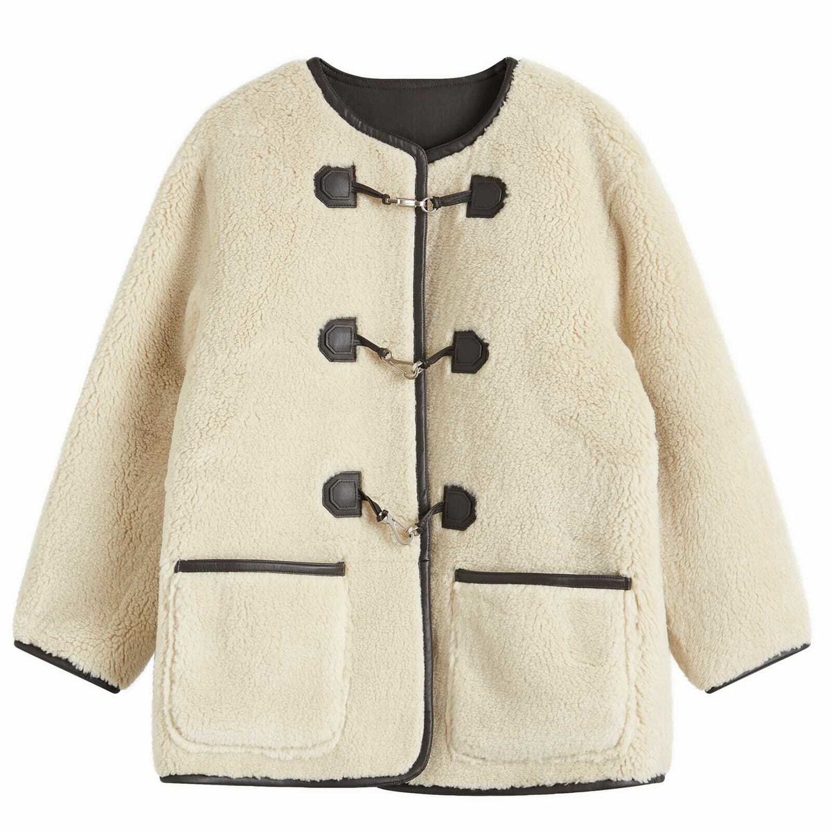 DUNST Women's Buckled Shearling Jacket in Cream/Brown