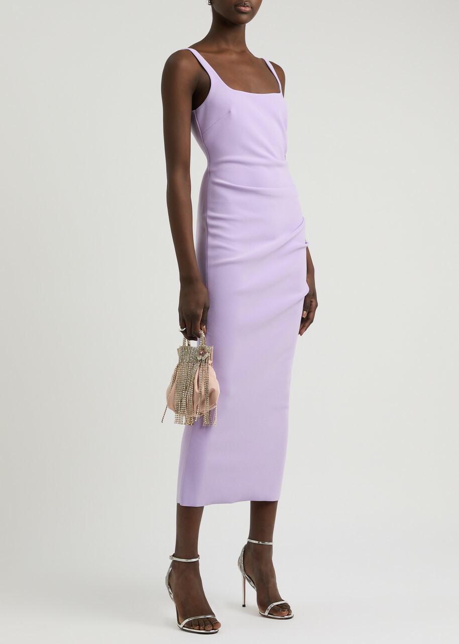 lilac midi bodycon dress Good American Lilac Ribbed Knit Belted Waist Bodycon Sleeveless Midi Dress