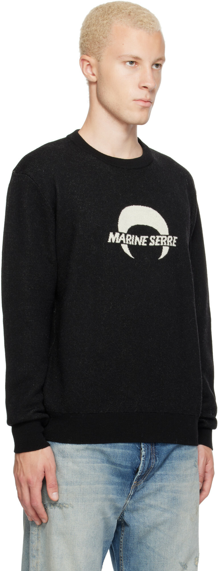 Marine Serre Black Merino Wool Knit LS Sweater