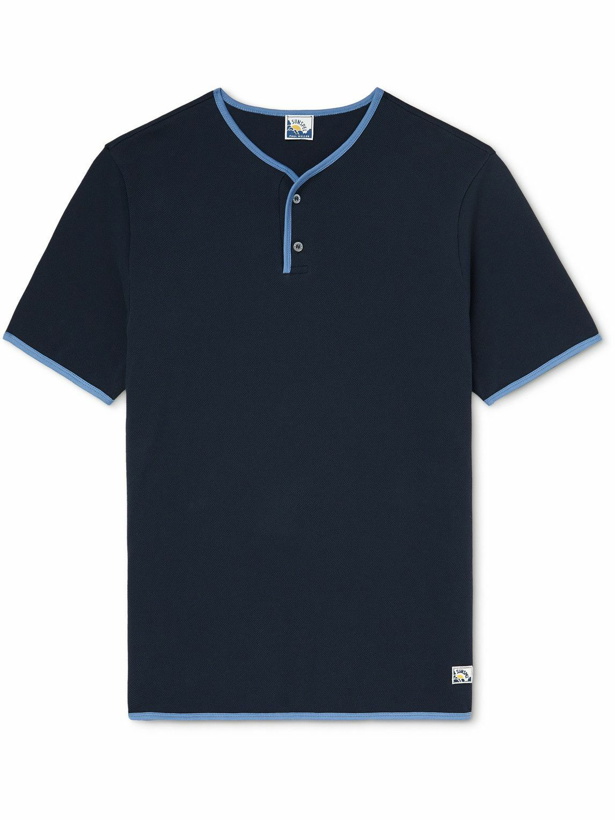 Photo: Sunspel - Paul Weller Logo-Appliquéd Contrast-Tipped Cotton-Piqué Henley T-Shirt - Blue