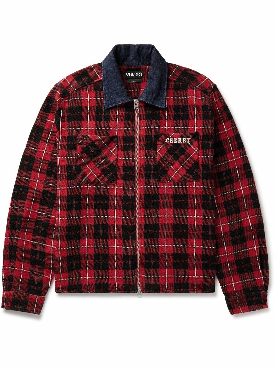 Photo: Cherry Los Angeles - Chambray-Trimmed Logo-Embroidered Checked Cotton-Flannel Shirt Jacket - Red