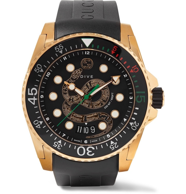 Photo: Gucci - Dive 45mm Gold PVD-Coated Watch with Rubber Strap - Black