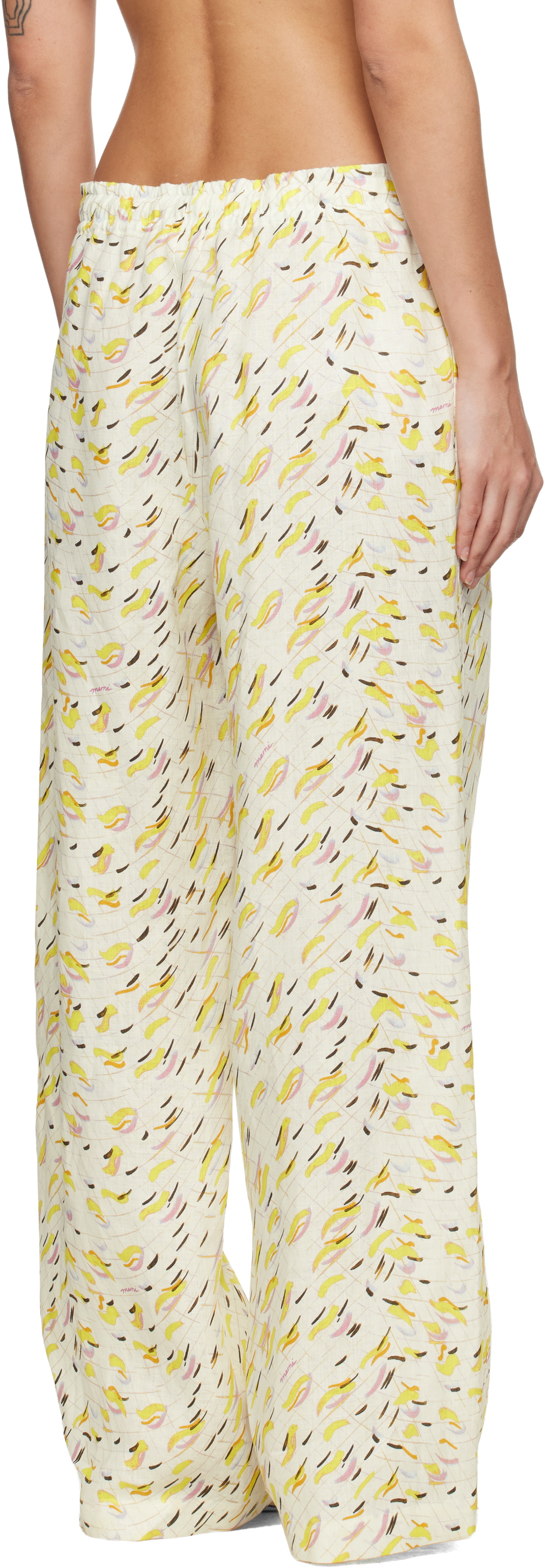Marni Yellow Linen 'Brushstroke Wave' Print Trousers
