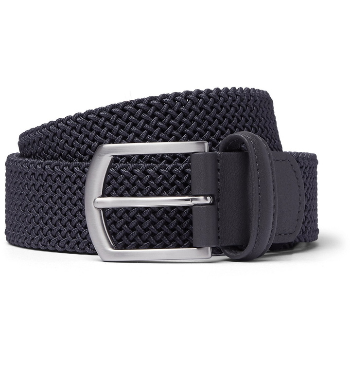 Photo: Anderson's - 3.5cm Leather-Trimmed Woven Elastic Belt - Gray