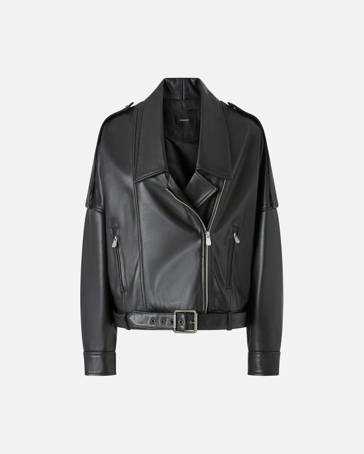Pinko Nappa Leather Biker Jacket With Belt Limo Black