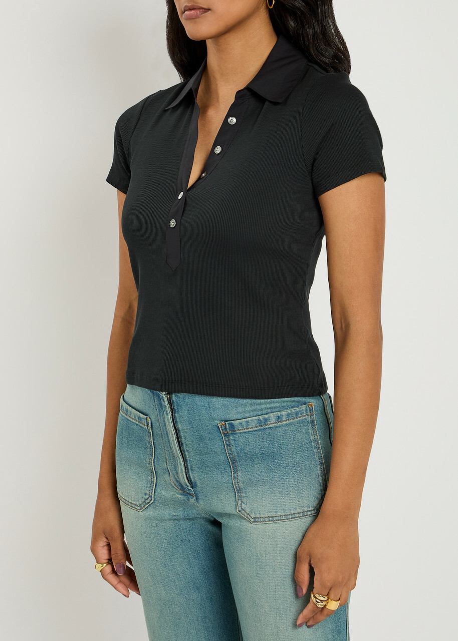 Veronica Beard Kearney Ribbed Stretch-cotton Polo Shirt Black