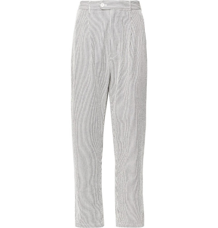 Photo: Engineered Garments - Tapered Pleated Striped Cotton-Seersucker Trousers - Navy