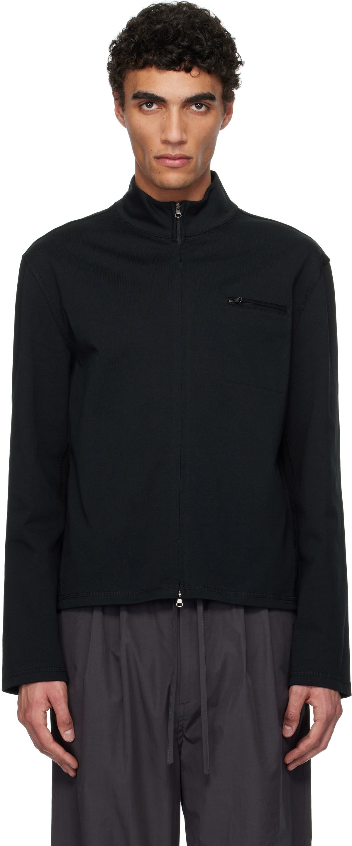 AMOMENTO Black Wool Stripe Zip-Up Jacket AMOMENTO