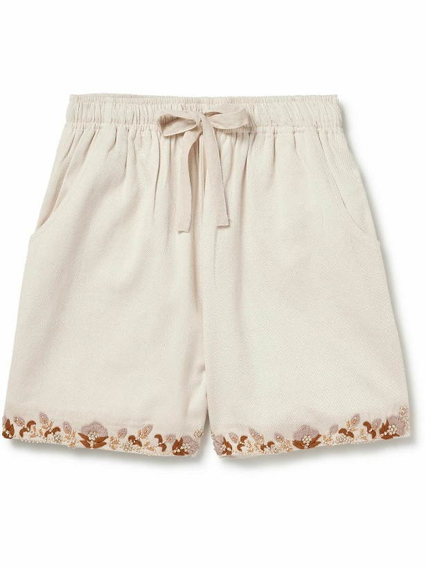 Photo: Kartik Research - Straight-Leg Embellished Cotton-Twill Drawstring Shorts - Neutrals