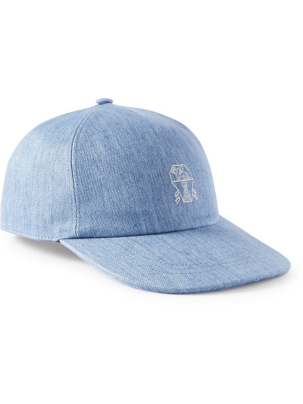 Photo: Brunello Cucinelli - Leather-Trimmed Logo-Embroidered Linen-Twill Baseball Cap - Blue