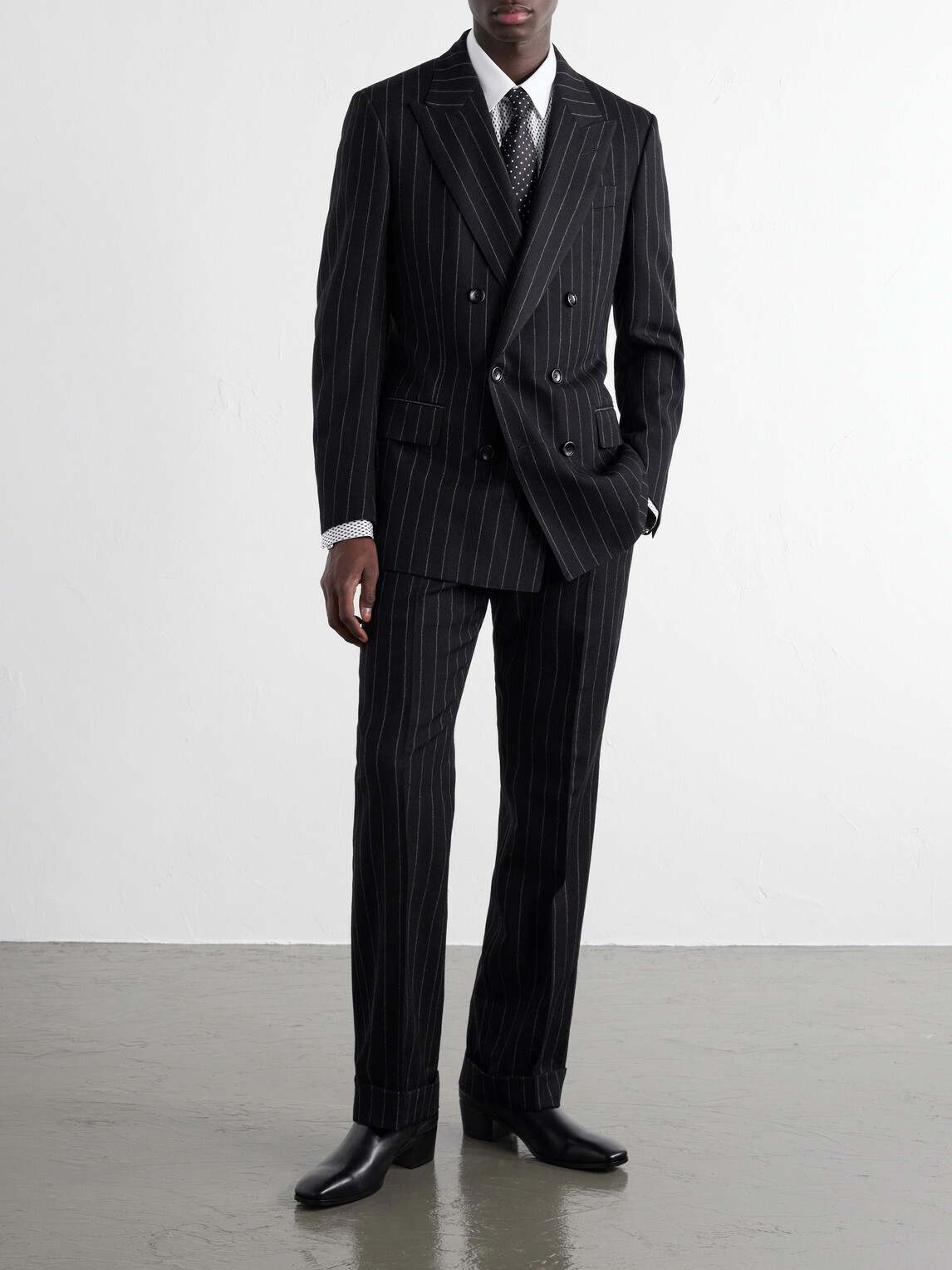 TOM FORD - Double-Breasted Pinstriped Wool-Twill Suit Jacket - Black