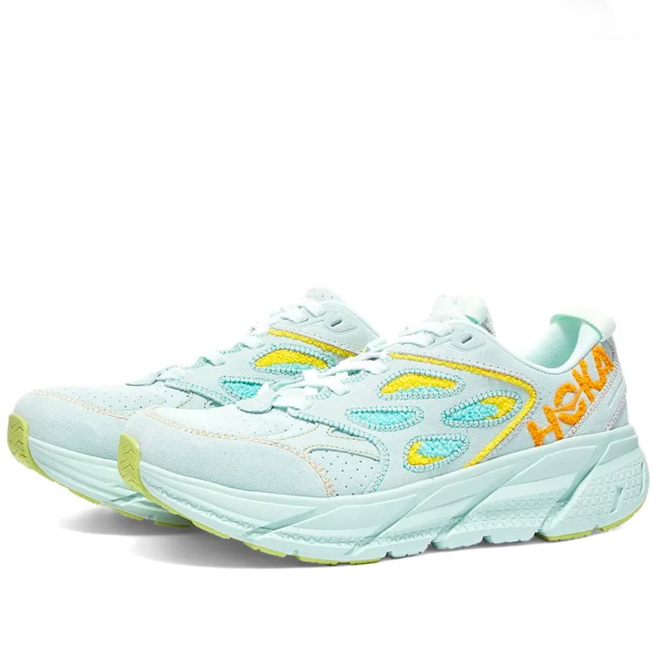 Photo: Hoka One One Men's M Clifton L Embroidery Sneakers in Blue Glass/Radiant Yellow