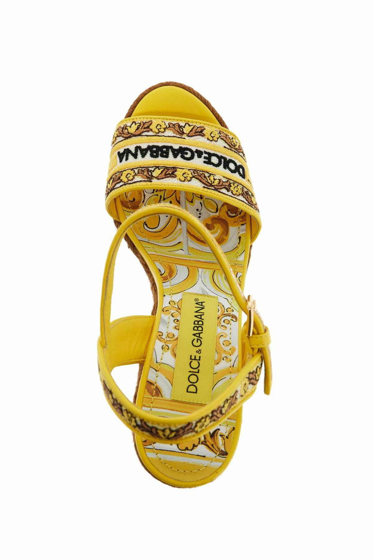 Dolce & Gabbana YELLOW WEDGE SANDALS ウェッジ サンダル ロゴ Dolce & Gabbana Majolica-print 90mm Wedge Sandals | Yellow