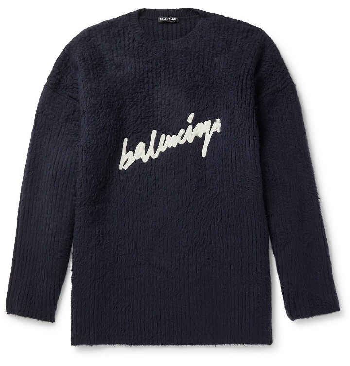 Photo: Balenciaga - Oversized Logo-Embroidered Brushed Cotton-Blend Sweater - Blue