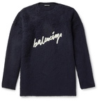 Balenciaga - Oversized Logo-Embroidered Brushed Cotton-Blend Sweater - Blue