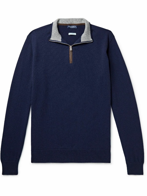 Photo: Peter Millar - Suede-Trimmed Cashmere-Blend Half-Zip Sweater - Blue