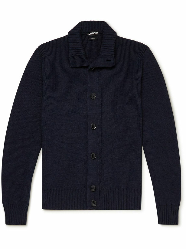 Photo: TOM FORD - Ribbed Wool and Silk-Blend Cardigan - Blue