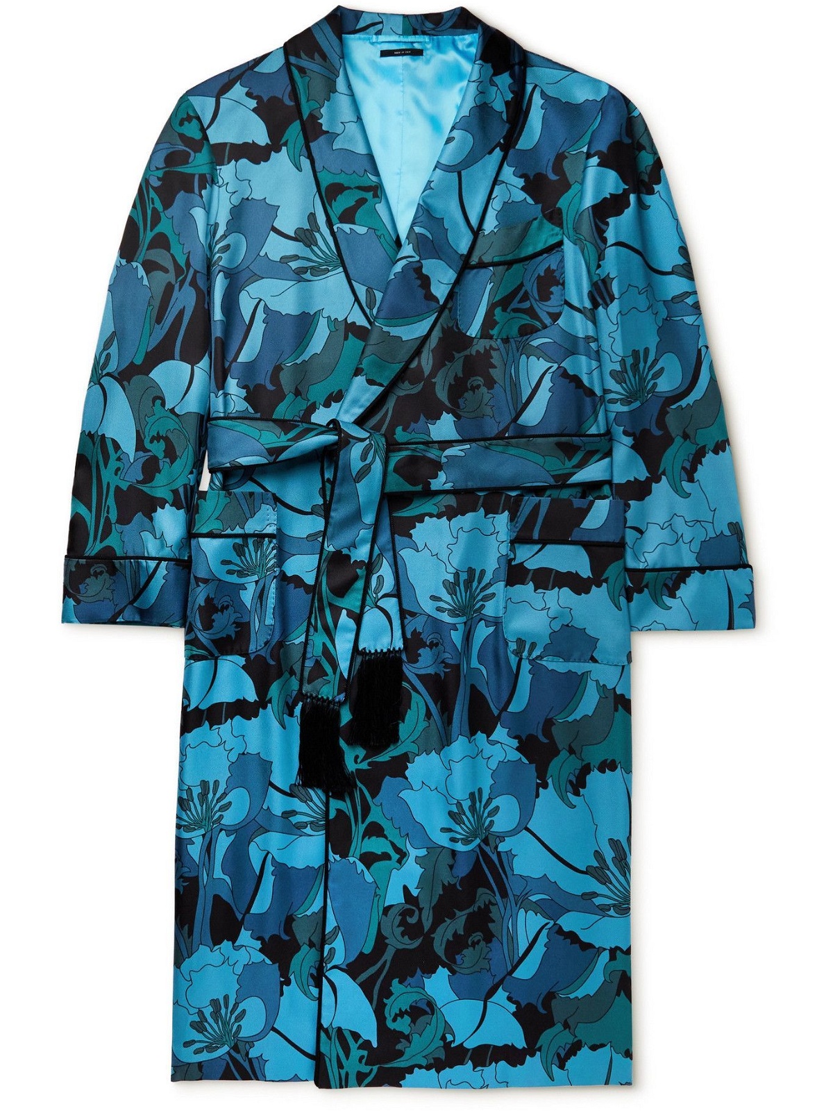 Photo: TOM FORD - Tasselled Piped Floral-Print Silk-Twill Robe - Blue