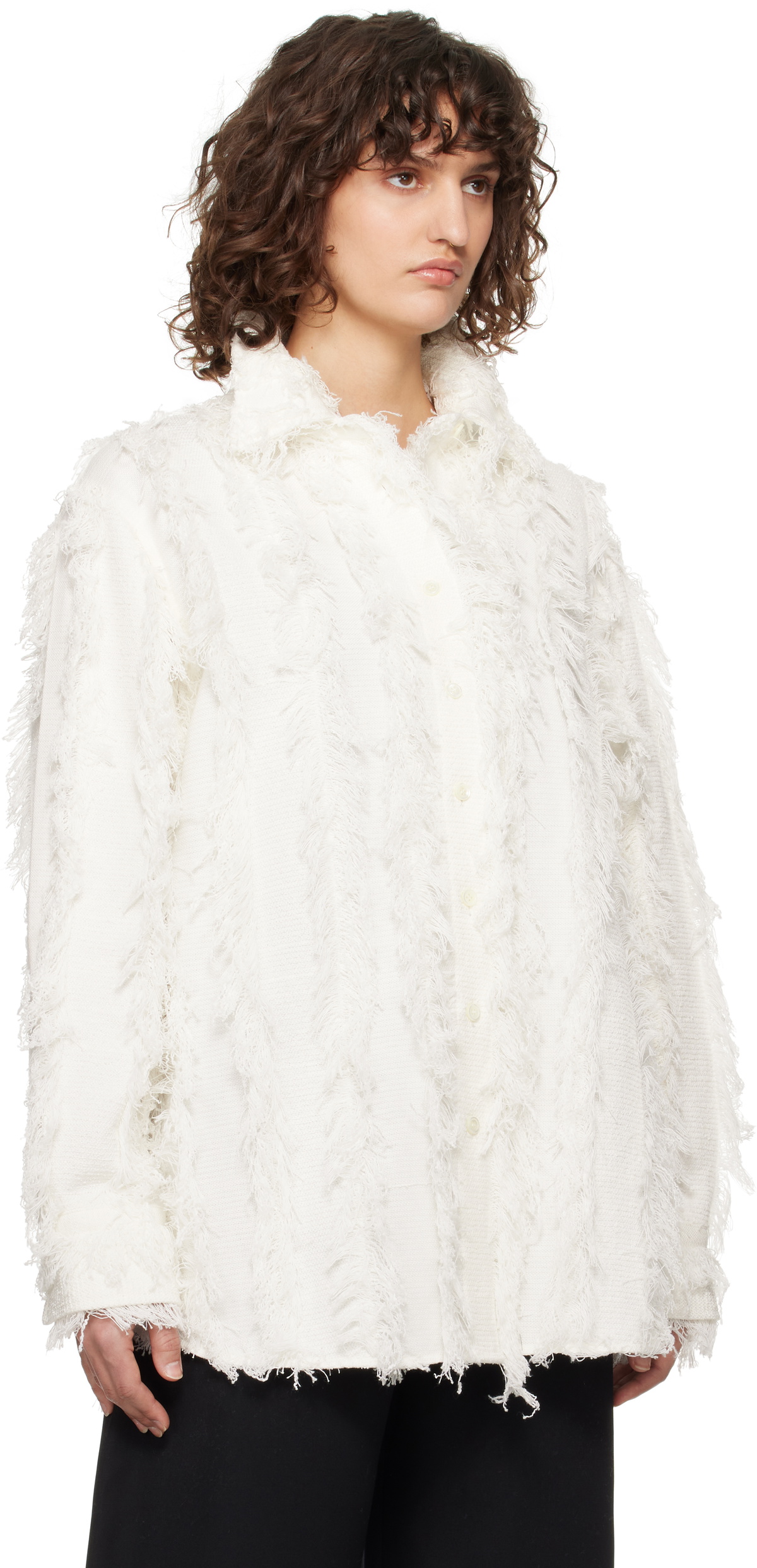 RECTO White Fringe Effect Oversized Shirt