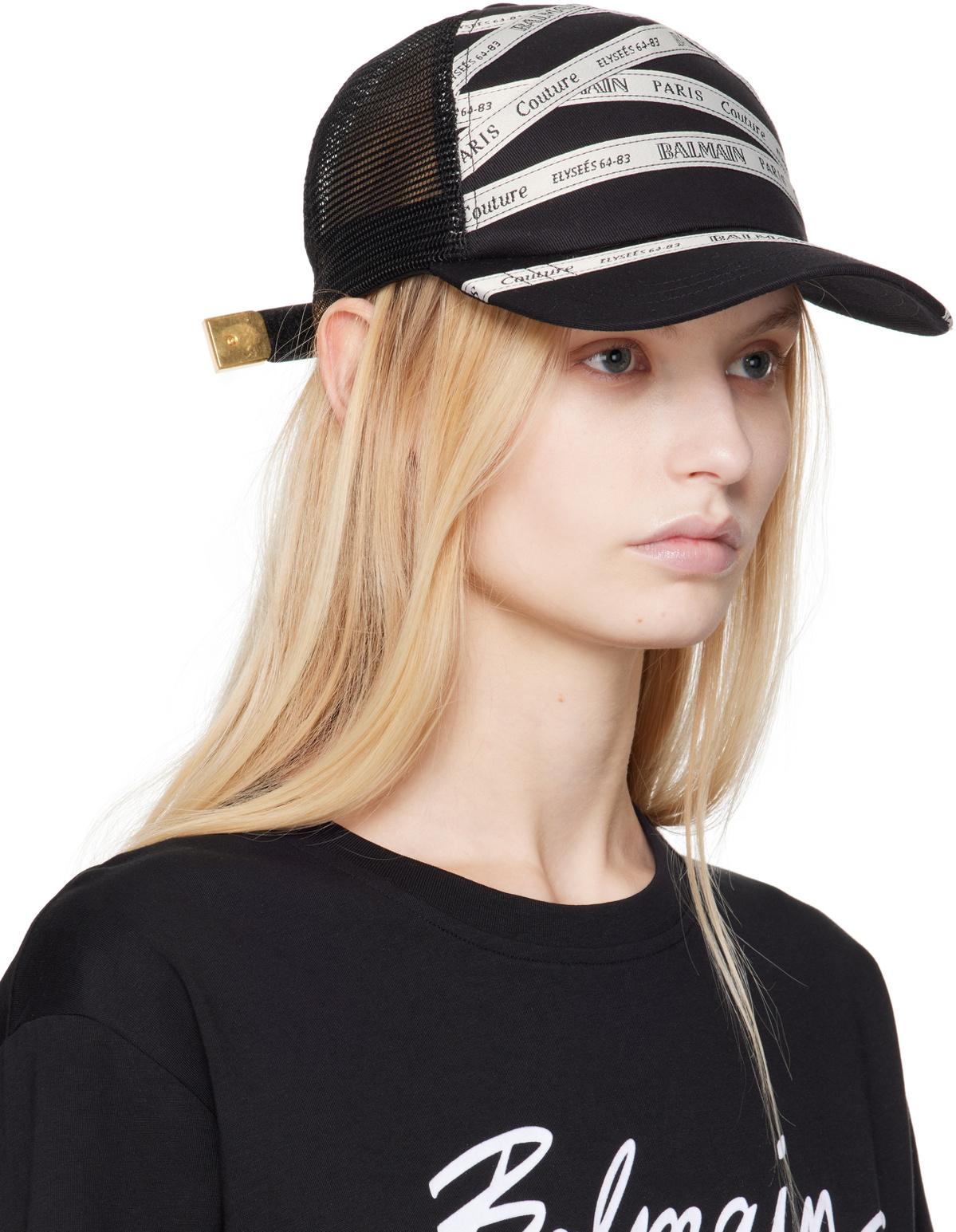 Balmain Black Cotton Ribbon Motif Cap