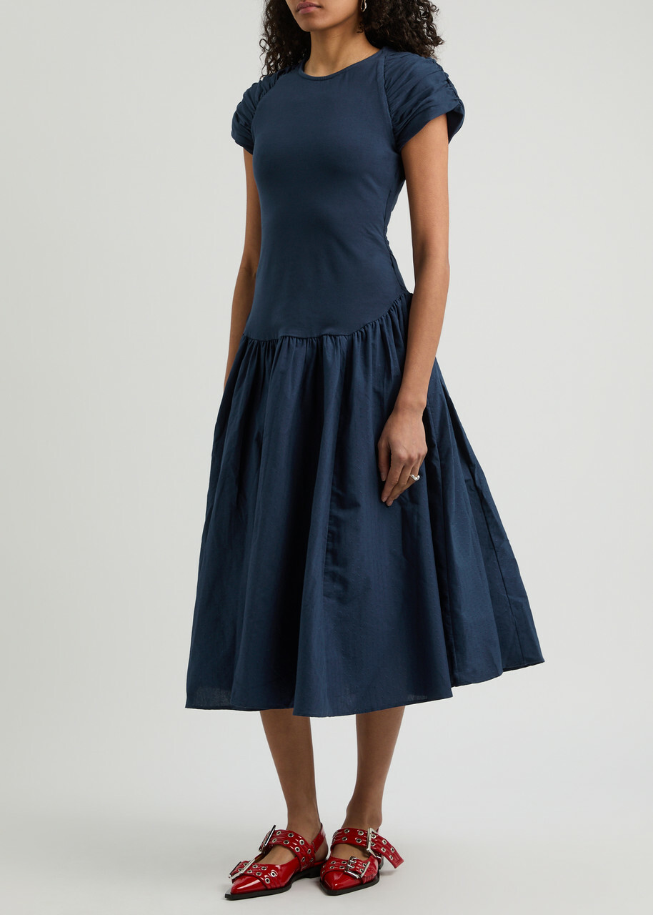 Free People Afternoon Elegance Stretch-cotton Midi Dress Navy