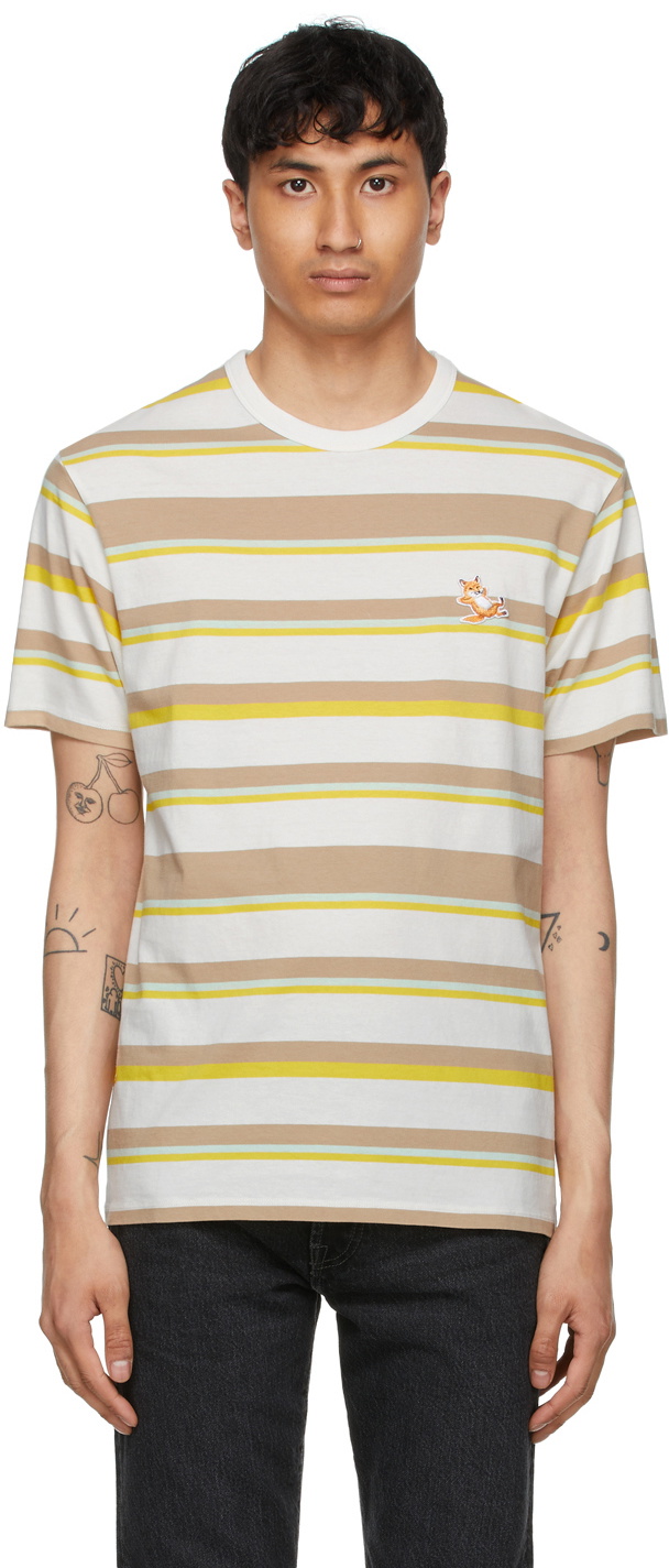 Maison Kitsuné White & Beige Striped Chillax Fox Patch Classic T