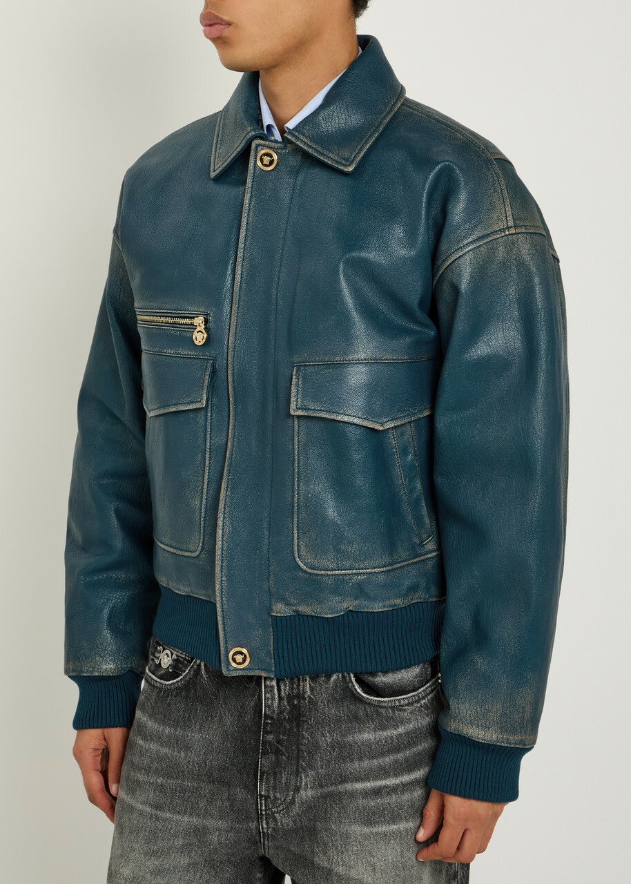 Versace Logo-embossed Distressed Leather Jacket Blue