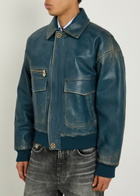 Versace Logo-embossed Distressed Leather Jacket Blue
