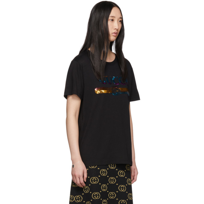 Gucci Black Logo Printed Knit Sequin Embellished Detail Long Sleeve T-Shirt  XS at 1stDibs