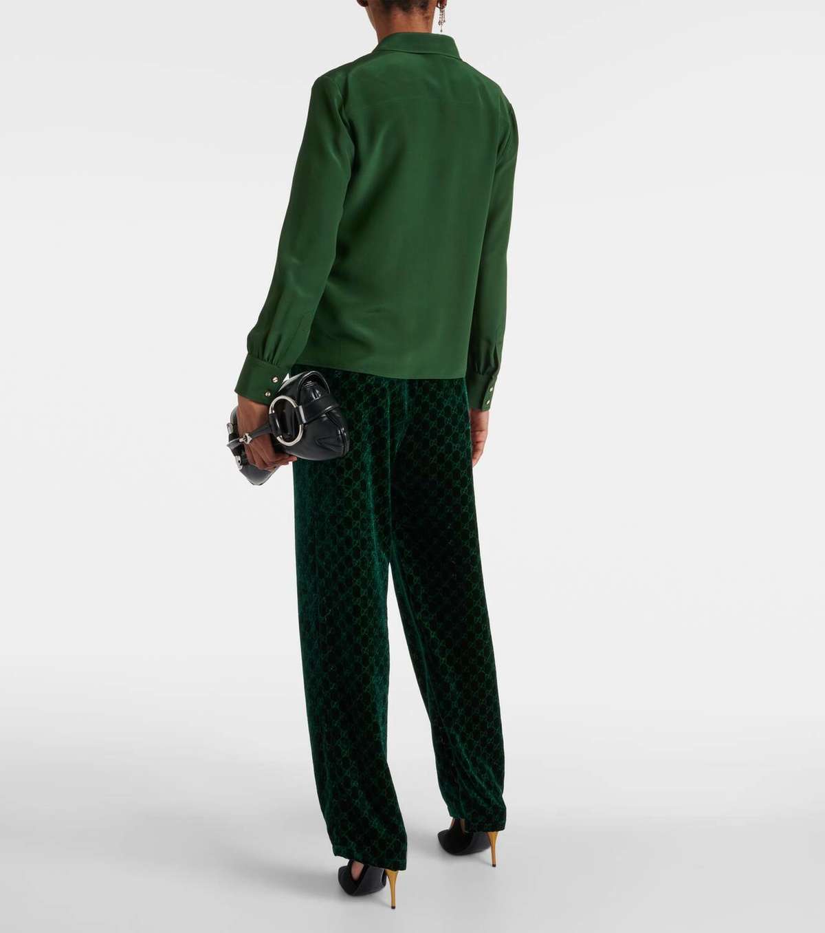 Crêpe de Chine Silk Shirt in Dark Green and Gold
