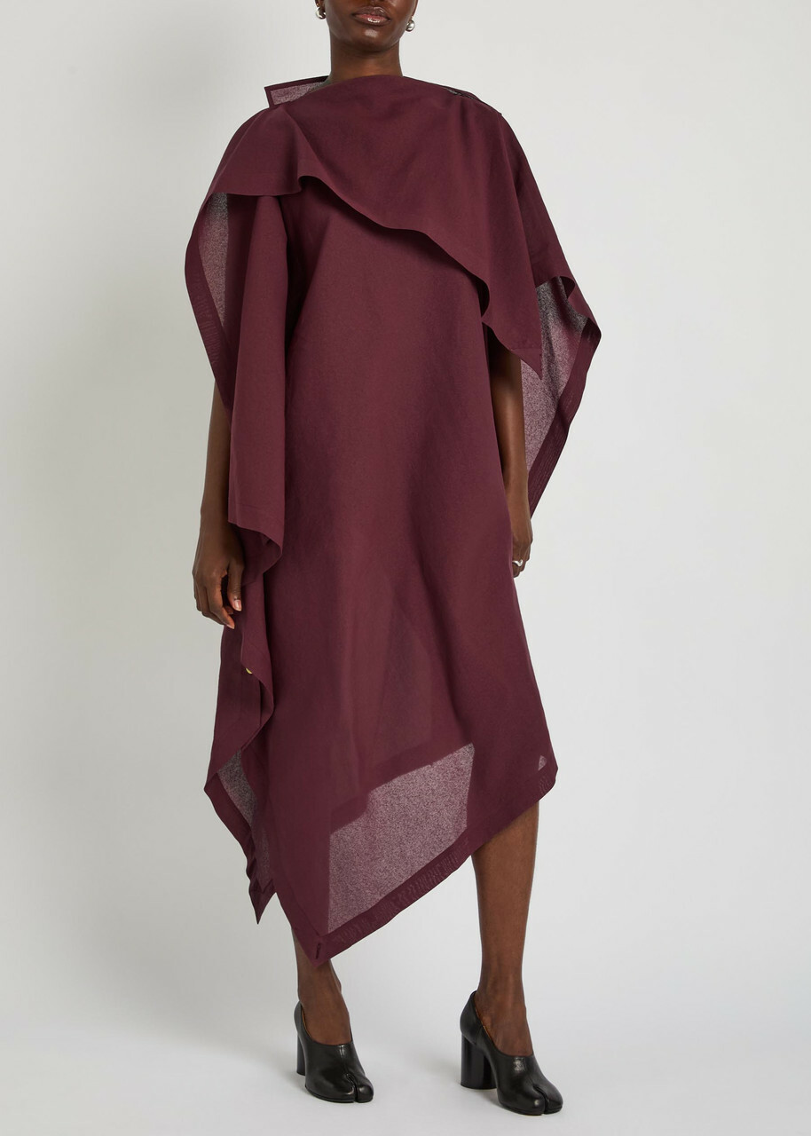 Issey Miyake All Squares Cape-effect Asymmetric Paper-blend Midi Dress Burgundy