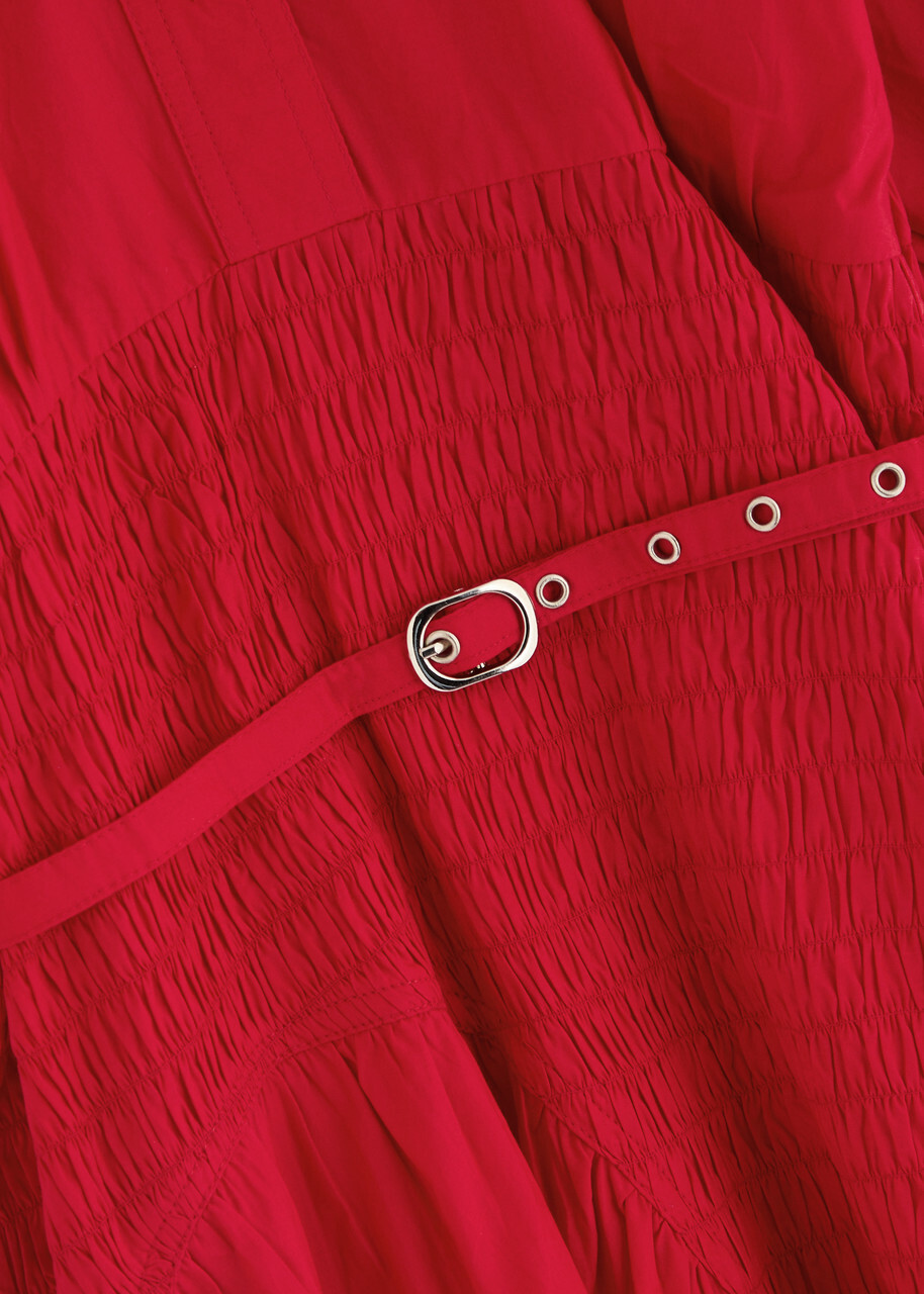 Lovebirds Tiered Belted Cotton Midi Shirt Dress Red