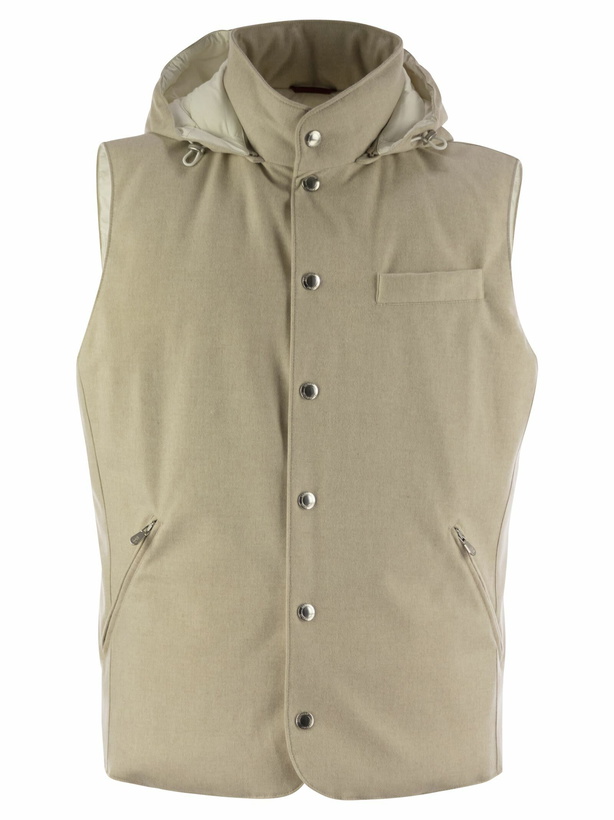 Photo: Brunello Cucinelli Sleeveless Down Jacket In Membraned Wool Flannel With Detachable Hood