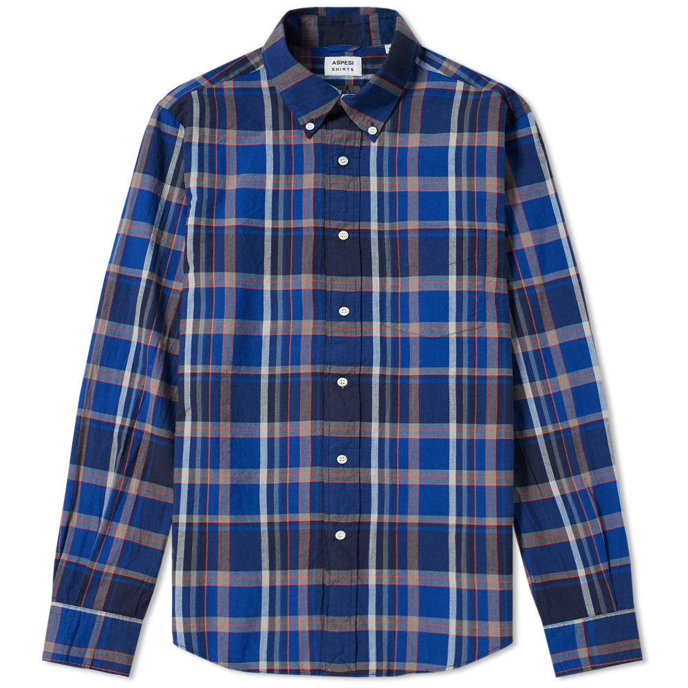 Aspesi Button Down Madras Check Shirt Blue & Beige Aspesi