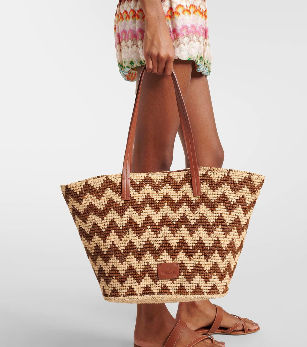 Missoni Zigzag Large leather-trimmed raffia tote bag Missoni