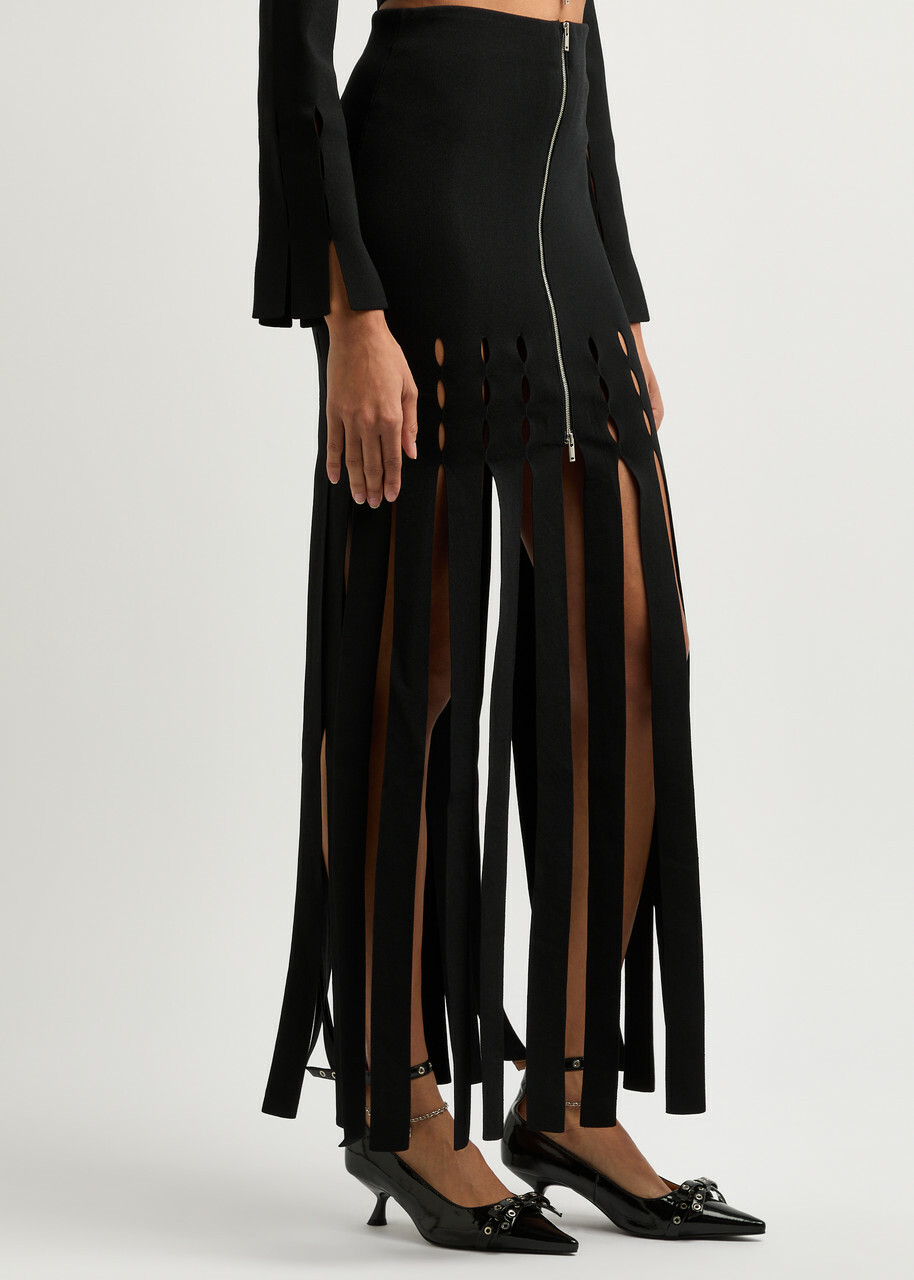 Nanushka Triana Fringed Knitted Midi Skirt Black