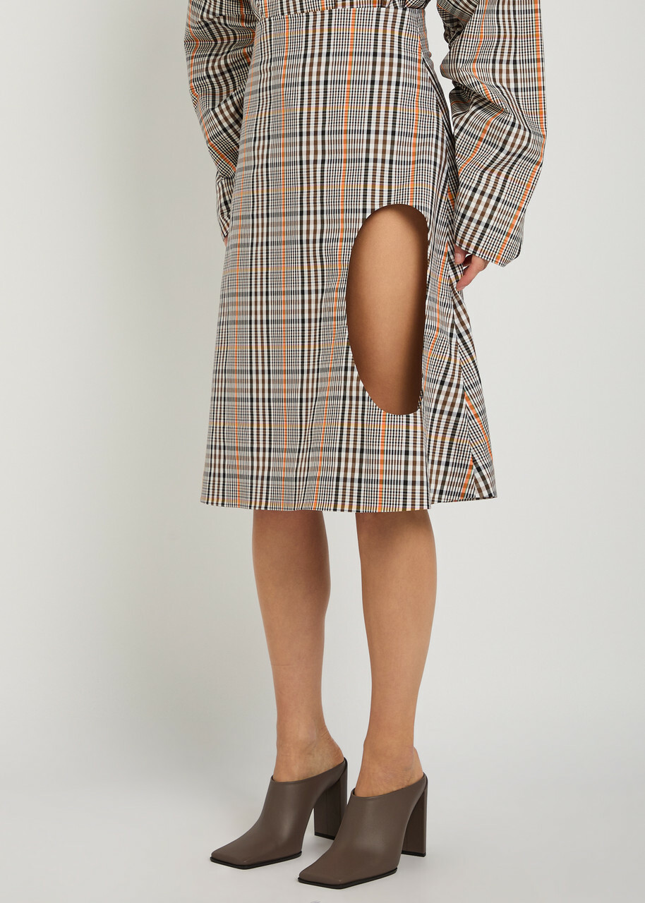 A.W.A.K.E Mode Plaid Cut-out Cotton-blend Midi Skirt Beige