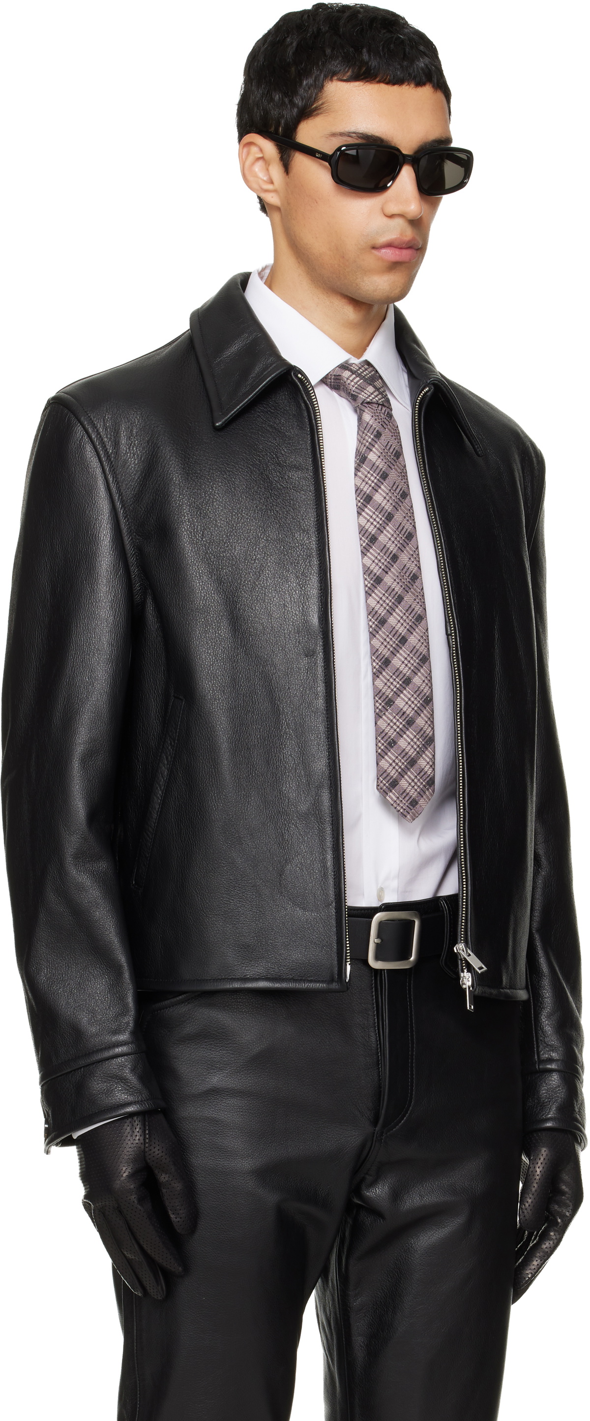 TONYWACK Black Buckle Zip Cow Leather Jacket