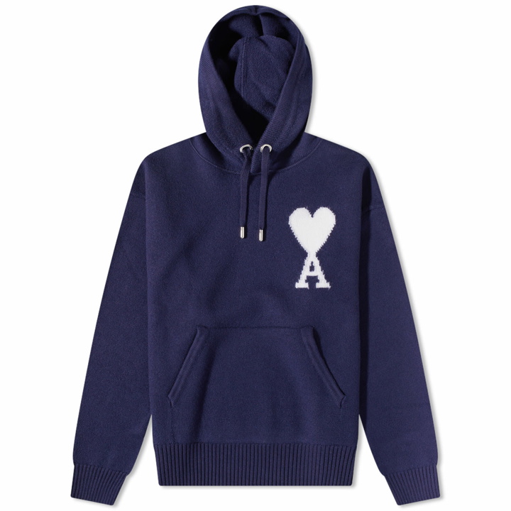 Photo: AMI Men's Large A Heart Knitted Popover Hoody in Nautic Blue/White
