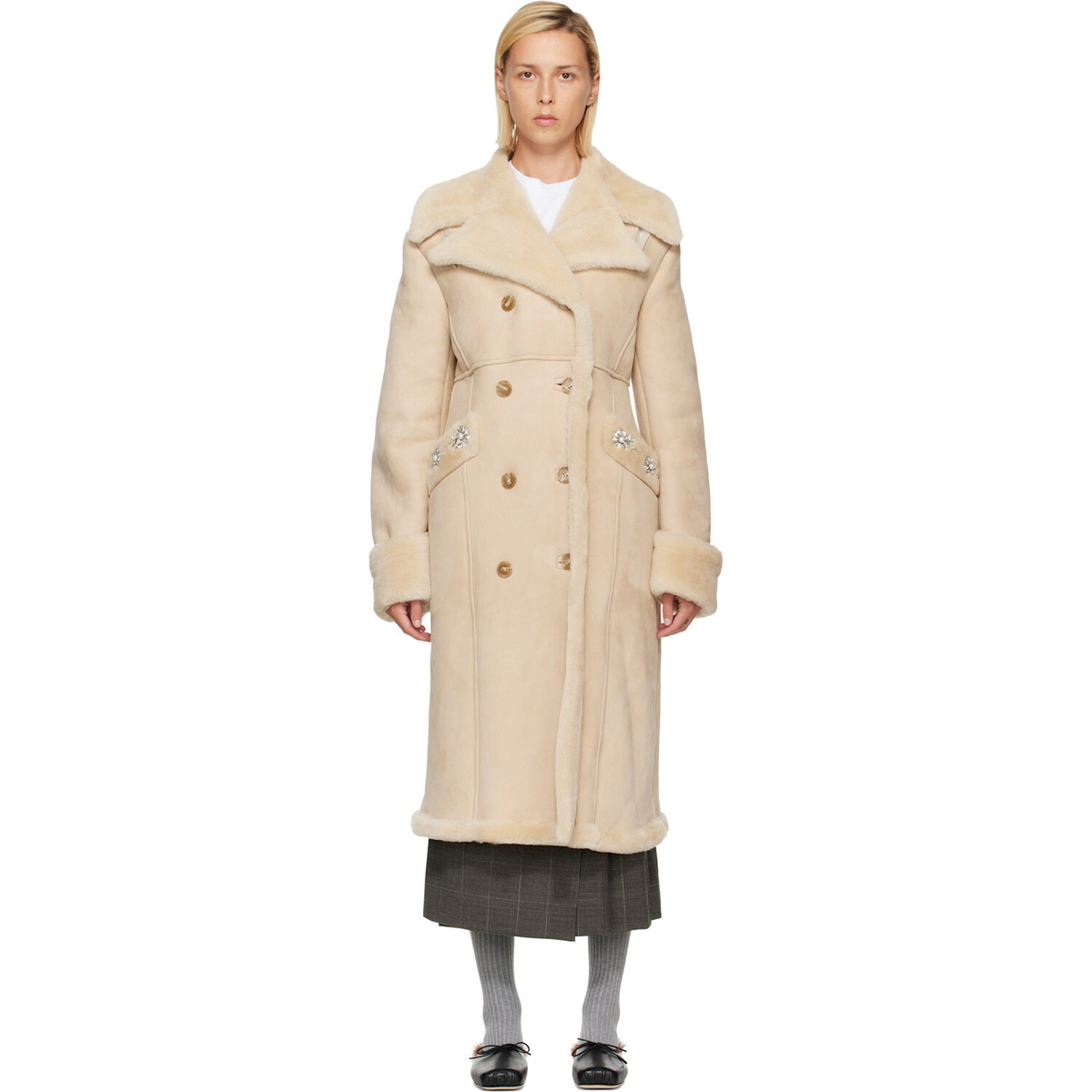 Simone Rocha Beige Embellished Sheepskin Slash Shearling Coat