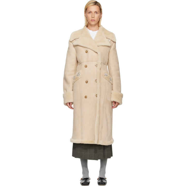 Photo: Simone Rocha Beige Embellished Sheepskin Slash Shearling Coat