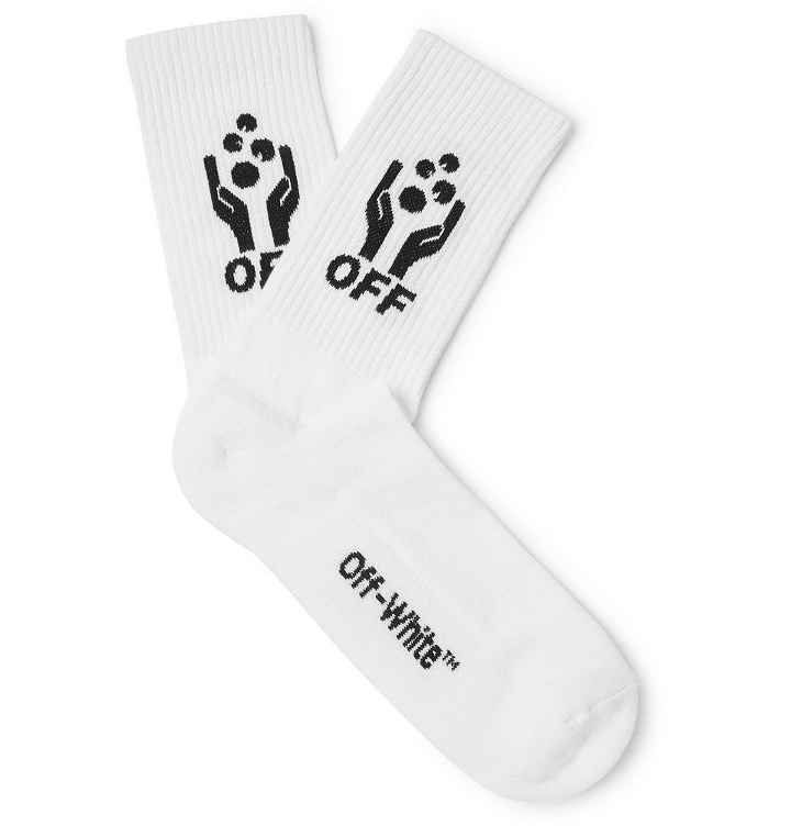 Photo: Off-White - Logo-Intarsia Stretch Cotton-Blend Socks - White