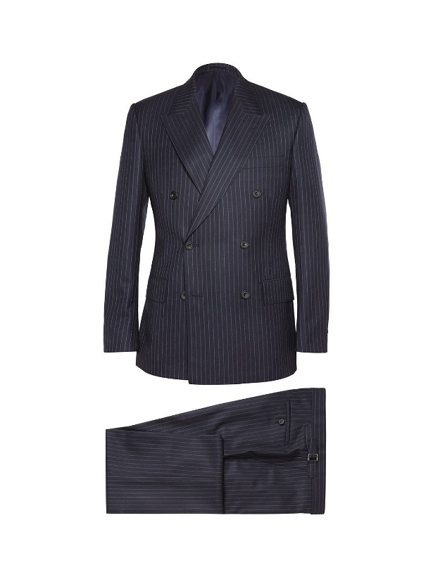 Photo: Kingsman - Navy Double-Breasted Pinstriped Wool and Cashmere-Blend Suit - Blue