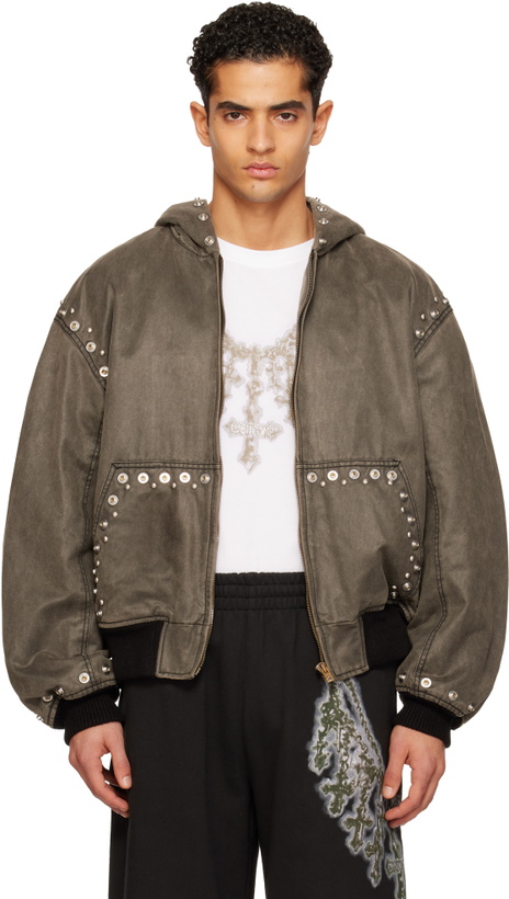 Photo: We11done Gray Studded Hooded Bomber Jacket