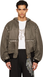 We11done Gray Studded Hooded Bomber Jacket