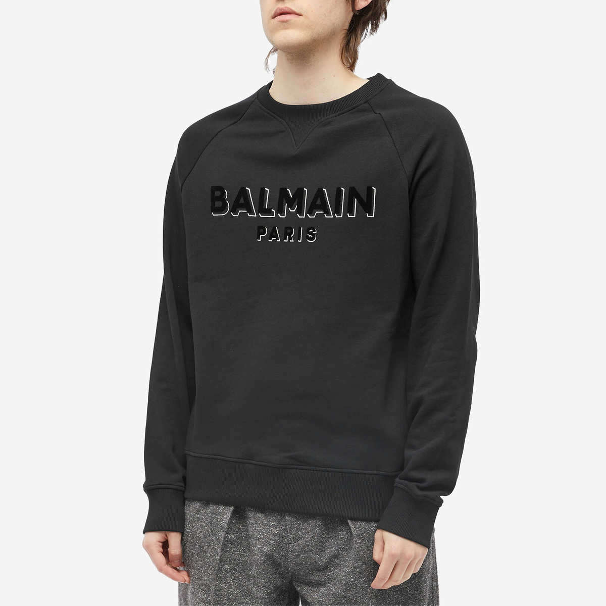 Balmain Men s Flock Foil Paris Logo Crew Sweat in Black Silver