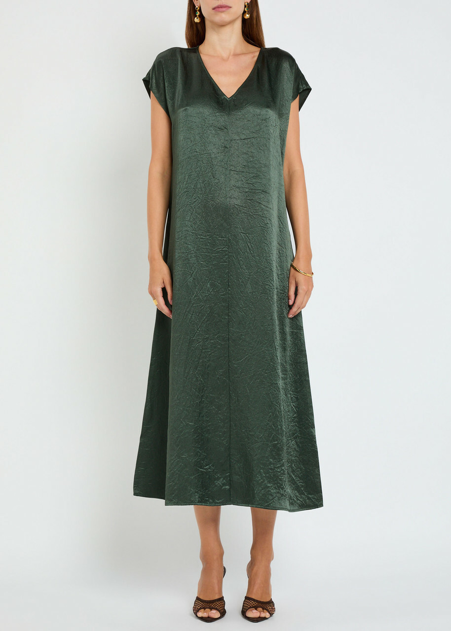 Eileen Fisher Crinkled Satin Midi Dress Dark Green