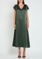 Eileen Fisher Crinkled Satin Midi Dress Dark Green