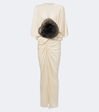 Jacques Wei Floral-appliqué gathered satin maxi dress