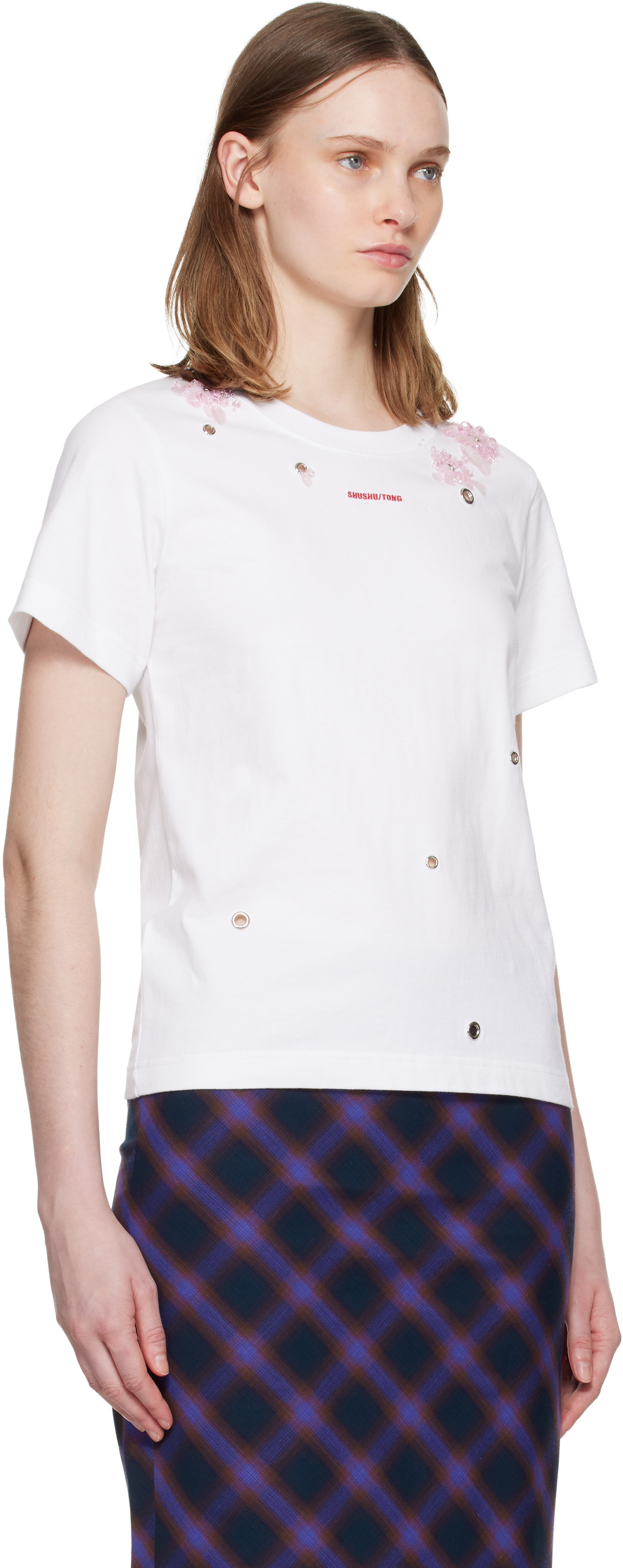 SHUSHU/TONG White Grommet Embroidered Floral T-shirt